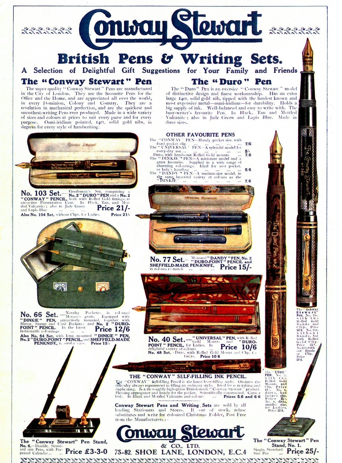 A colour advertisement headed Conway Stewart, British Pens and Writing Sets, showing marbled and mottled pens, open presentation cases and two desk stands, with prices beside each.