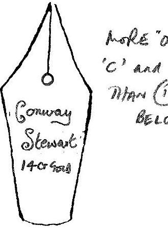 A hand-drawn ink sketch of a fountain pen nib with a round breather hole, lettered by hand Conway Stewart, 14 ct Gold.