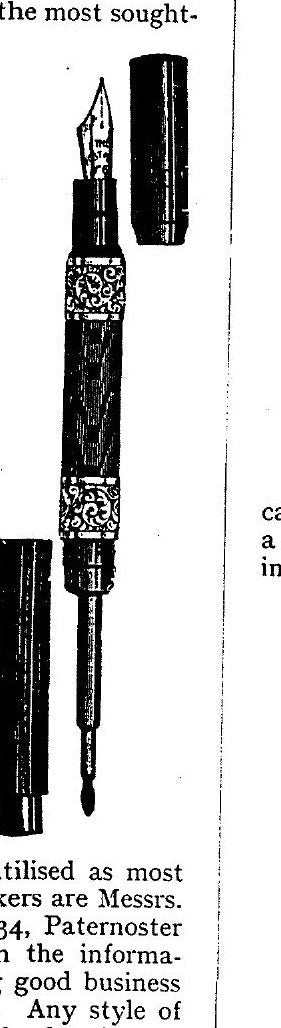 A fine line engraving of a fountain pen shown assembled and then taken apart into three sections.