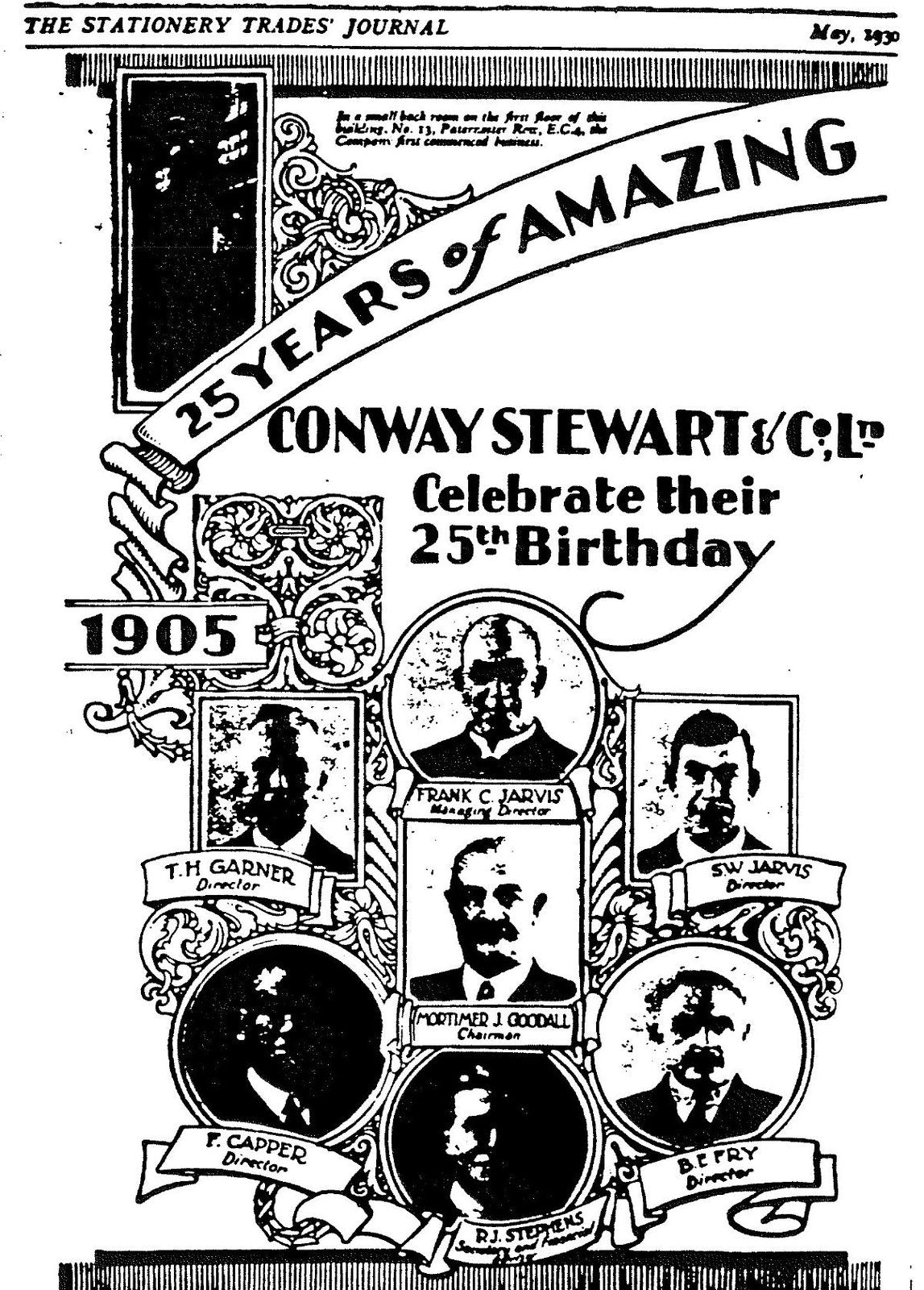 An ornate printed advertisement headed 25 Years of Amazing Progress, Conway Stewart and Co Ltd Celebrate their 25th Birthday, with 1905 in a panel and seven portrait photographs of directors in decorative frames.