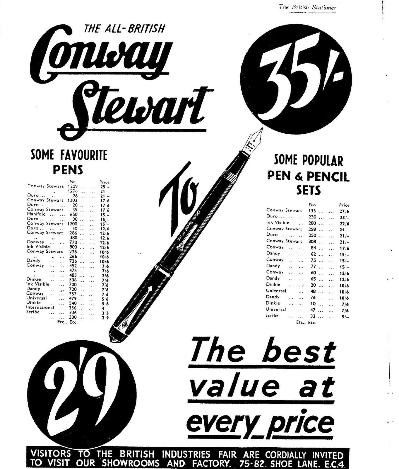 A full-page trade advertisement headed THE ALL-BRITISH Conway Stewart, with a range of pens and a banner inviting visitors to the British Industries Fair to the showrooms and factory at 75-82 Shoe Lane.
