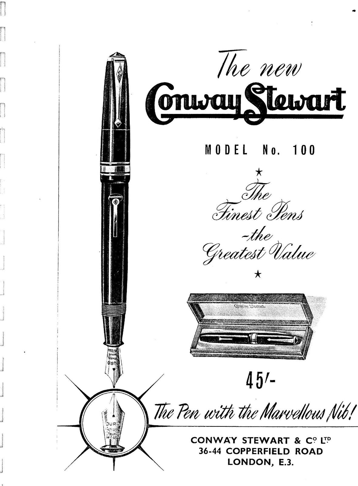 A full-page dealer advertisement showing a large black fountain pen drawn uncapped beside the words The new Conway Stewart Model No. 100, with the pen shown again in its presentation box and a magnified nib in a starburst below.