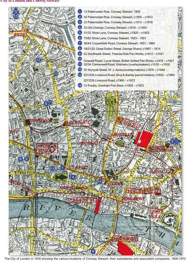 A coloured street map of the City of London with fourteen numbered blue markers and a printed key listing each address and its dates.