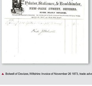 A small printed Victorian trade invoice with an engraved letterhead reading Printer, Stationer and Bookbinder, New Park Street, Devizes, with handwritten entries beneath.