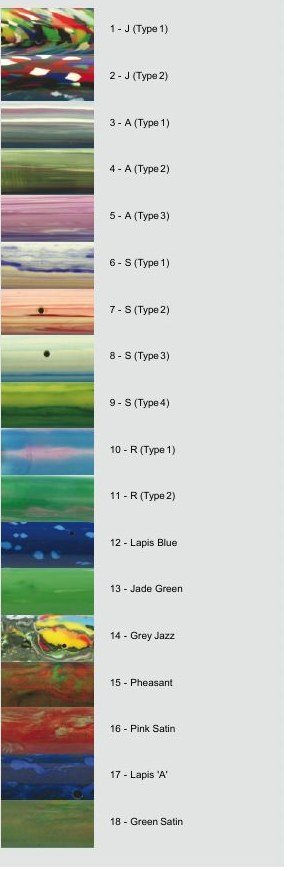 A vertical chart of eighteen small rectangular colour swatches in mottled and striated plastics, each labelled with a code or a colour name.