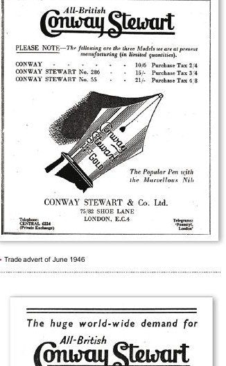 A trade advertisement headed All-British Conway Stewart, listing the Conway at 10/6, the No. 286 at 15/- and the No. 55 at 21/-, each with its purchase tax, above a large drawing of a gold nib.