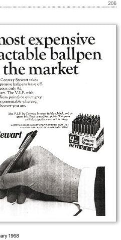 A trade advertisement with a large headline about the least expensive retractable ballpen on the market, showing a hand holding the pen and a display box of them beside a ninepence roundel.