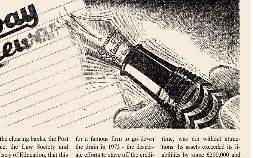 A pen-and-ink illustration of a large fountain pen nib lying across a lined writing pad, with columns of newspaper text below.